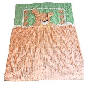VTG Sleepy Puppy Baby Quilted Comforter Blanket Gingham Floppy Ears Crib Thick